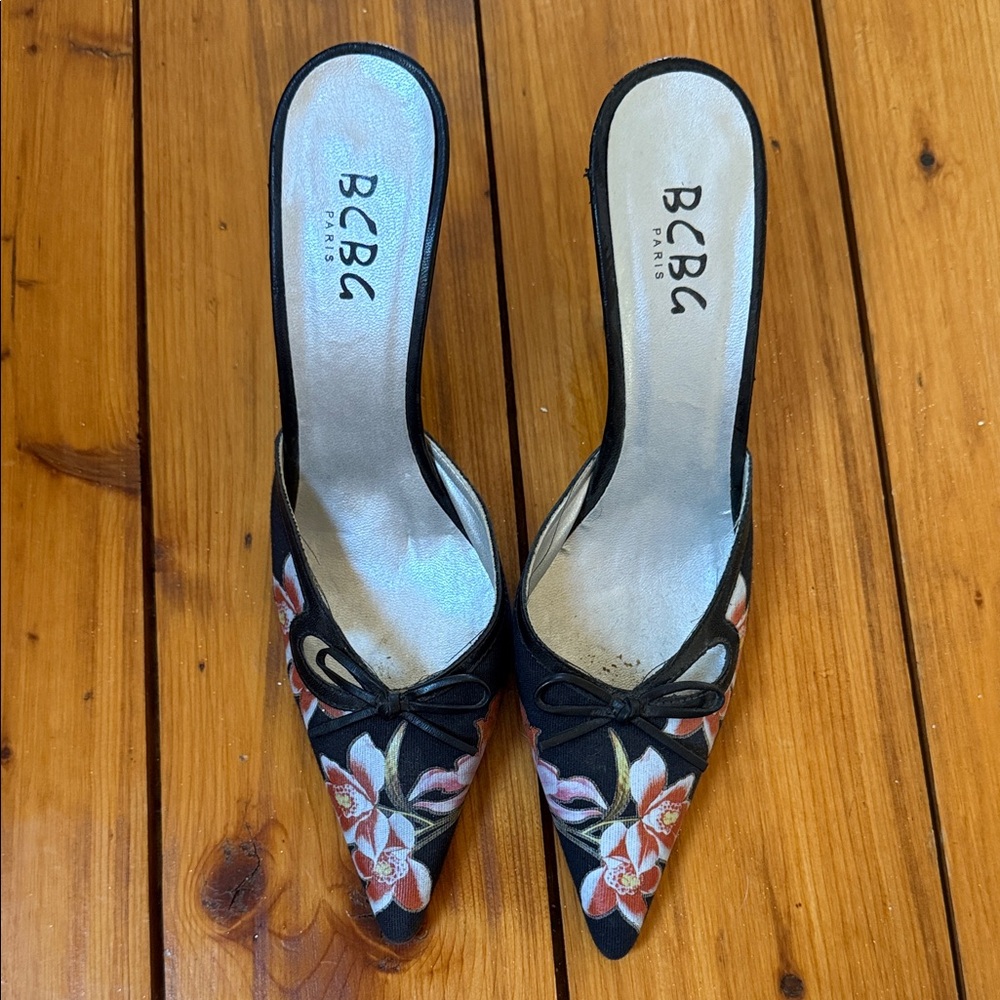 BCBG Paris Black and Floral Heels